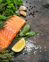 Salmon fish fillet herbs spices Food background Seafood