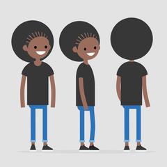Set of young female smiling millennial character design. Front, side and back view. Flat editable vector illustration, clip art