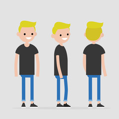 Set of young smiling millennial character design. Front, side and back view. Flat editable vector illustration, clip art