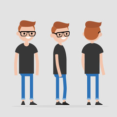 Set of young smiling millennial character design. Front, side and back view. Flat editable vector illustration, clip art