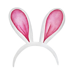 Easter Bunny Headband Ears Accessory. White fur with pastel rose insert. Greeting card, holiday decoration. Single object, front view. Hand drawn watercolour graphic paint on white background, cutout.