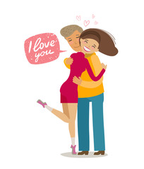 Happy loving couple hugging each other. Romance concept. Cartoon vector illustration in flat style