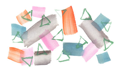 Abstract brush strokes and small triangles painted in pink, orange and blue watercolor on clean white background