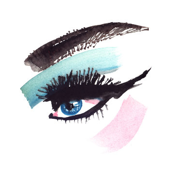 Woman's eye with bold dark eyebrow, blue eye shadow and pink blush painted in watercolor on clean white background