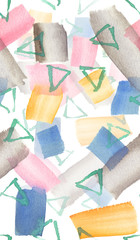 Seamless background pattern with yellow, pink, blue and grey brush strokes and small green triangles painted in watercolor on white background