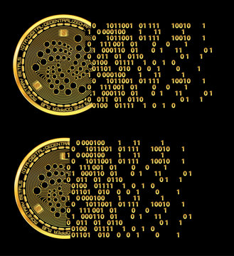Set of crypto currency golden coins with black lackered iota symbol on obverse isolated on black background. Vector illustration. Use for logos, print products, page and web decor or other design.