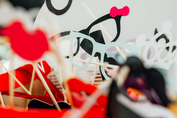 photo booth props for wedding. funny paper faces, lips, glasses and mustache