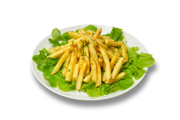 French fries with lettuce leaves on plate on white background