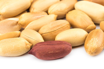peeled peanuts for background.Top view, close up