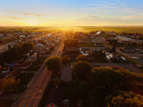 Aerial view of sunset on a small town