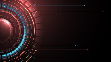 Bright drawing of geometric technologies on a red background