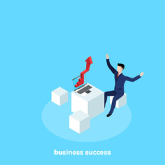man in a business suit sidin on a cube and near a laptop with a growing schedule, business success, isometric image