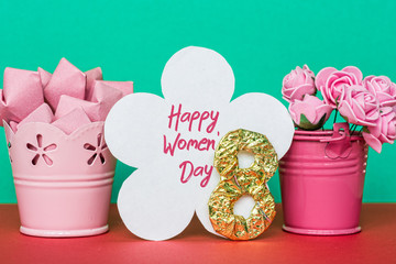 figure 8 a bouquet of flowers in a bucket. Happy Women's Day greeting card 