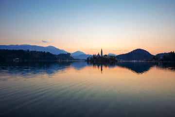 Amazing sunrise at the lake Bled
