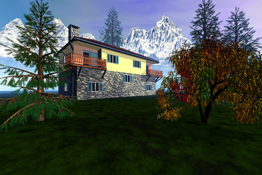 Daylight over the house, grass on the ground, beautiful trees, snowy mountains in the background and a fantastic sky.