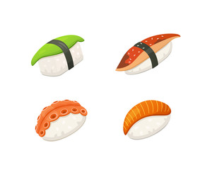 Traditional japanese sushi and rolls. Asian seafood, restaurant delicious vector illustration.