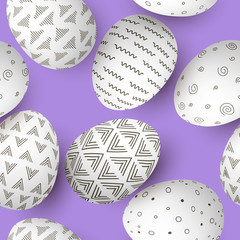 Easter eggs seamless pattern. Set of white decorated easter eggs with simple abstract ornaments on purple