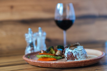 Beef stake on the wooden table 