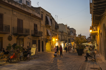 Street at night in Castellammare del Golfo, Sicily, Italy