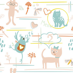 seamless vintage abstract pattern with doodle cats, birds and rabits.