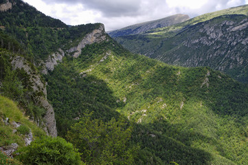 Cloudy landscape from Mirador de Gresolet. Pyrenees, Catalonia, Spain