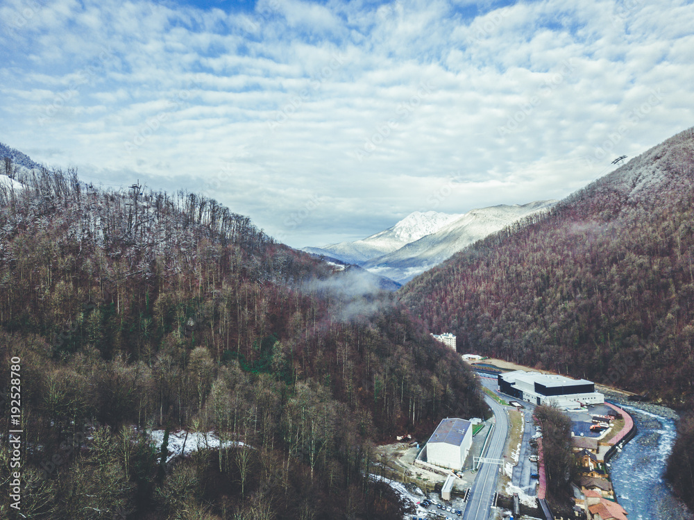 Poster aerial valley village during snowy winter