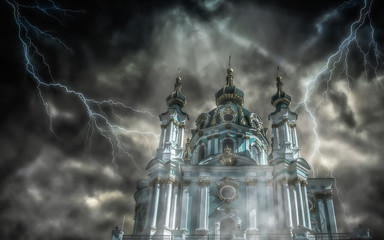Saint Andrew's church in Kyiv(Kiev), stormy clouds and lightnings