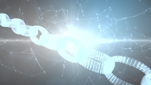 Blockchain animation with light on abstract lines and dots motion background. 
