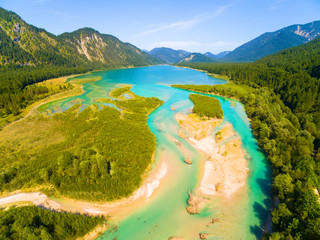 Aerial view on Isar River that flows to Sylvenstein Lake in Bavarian Alps near Garmisch...