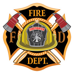 Naklejka premium Fire Department Cross Vintage with Yellow Helmet and Axes is an illustration of a vintage fireman or firefighter Maltese cross emblem with a yellow volunteer firefighter helmet.