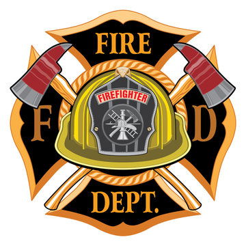 Fire Department Cross Vintage with Yellow Helmet and Axes is an illustration of a vintage fireman or firefighter Maltese cross emblem with a yellow volunteer firefighter helmet.