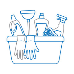 container with cleaning supplies gloves plunger sponge spary bottle and detergent vector illustration blue and gray line design