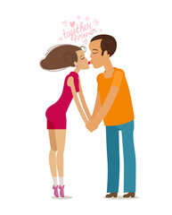 Together forever. Couple in love kissing holding hands. Cartoon vector illustration in flat design