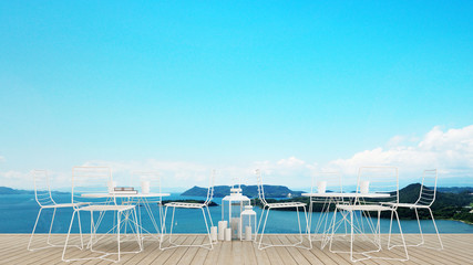 Dining area on terrace with sea view in hotel or restaurant - Dining area on island view and sea view - Simple design artwork for vacation time - 3D Rendering