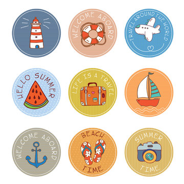 set of hand drawn vector round stickers and labels for summer travel