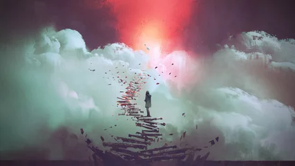 Photo sur Plexiglas Grand échec jeune femme debout sur des escaliers cassés menant au ciel, style art numérique, peinture d& 39 illustration