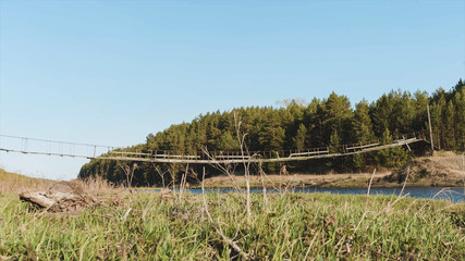 Wooden bridge and field. Video. A small wooden bridge over a creek. Grass, blue sky, reeds. A wooden bridge is made for crossing a rice field.