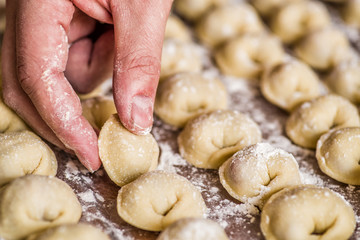 male hand putting a hamemade dumpling to a raw of dumplings