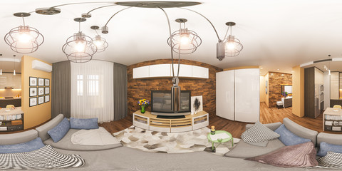 3d illustration spherical 360 degrees, seamless panorama of living room and kitchen interior design. Modern studio apartment in the Scandinavian minimalist style