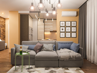 3d Rendering living room interior design. Modern studio apartment in the Scandinavian minimalist style. Hygge interior render