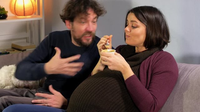 Man telling pregnant wife she is getting fat eating too much funny