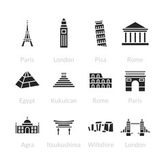 World landmarks outline icons set