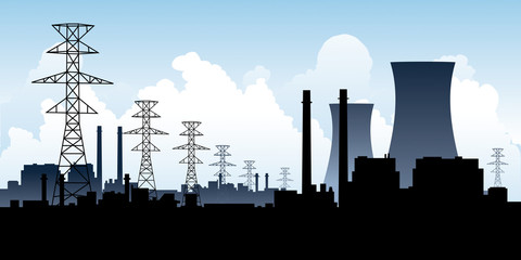 Silhouette illustration of a heavy industrial zone with the cooling towers of a nuclear power plant.