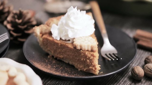 Step by step. Eating slice of freshly baked  pumpkin pie