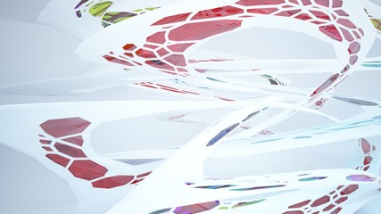 Naklejka premium Abstract white and colored gradient glasses parametric interior with window. 3D illustration and rendering.