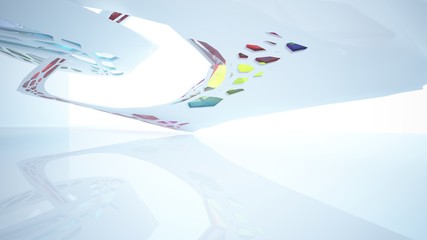 Abstract white and colored gradient glasses parametric interior  with window. 3D illustration and rendering.