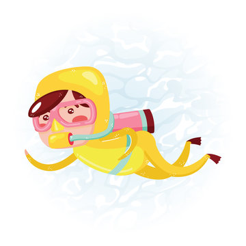 Clip art of one cute boy scuba diver in yellow wet suit which is ideal for creating your wallpapers, backgrounds, stickers, fabric patterns, clothing prints, labels, crafts & projects