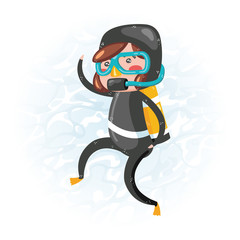 Clip art of one cute girl scuba diver in black wet suit which is ideal for creating your wallpapers, backgrounds, stickers, fabric patterns, clothing prints, labels, crafts & projects