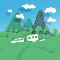 A trip to the mountains for the weekend with the family. Vector paper art