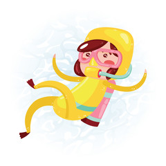 Clip art of one cute girl scuba diver in yellow wet suit which is ideal for creating your wallpapers, backgrounds, stickers, fabric patterns, clothing prints, labels, crafts & projects
